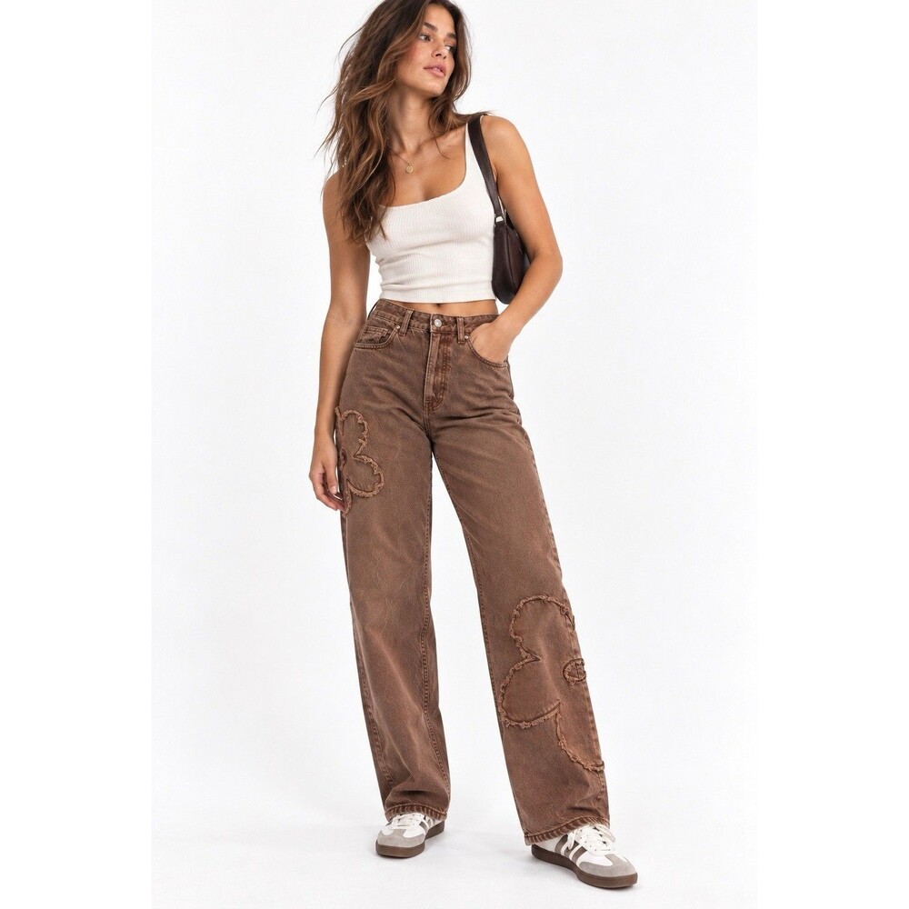 PacSun 90s Boyfriend Brown Flower Patch High Rise Baggy Jeans Size 27 3D Texture